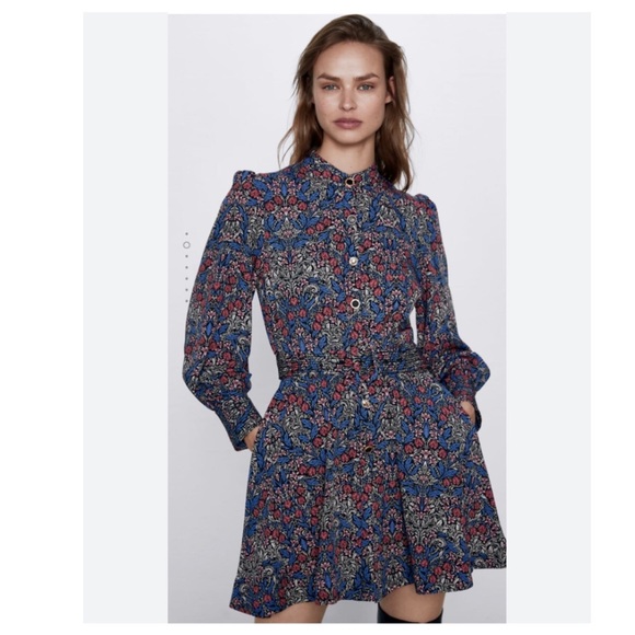 ZARA BLUE FLORAL PRINT LONG-SLEEVE BUTTON-DOWN BELTED MINI DRESS WITH POCKETS - Picture 16 of 16
